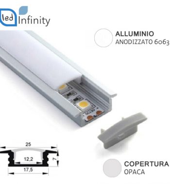 profilo alluminio da incasso 2mt per strisce led con copertura opaca