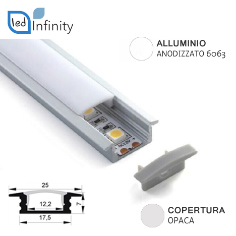 Profilo Alluminio Da Incasso 2mt Per Strisce LED Con Copertura Opaca