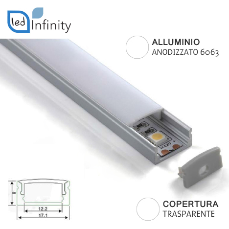 profilo alluminio lineare 2mt per strisce led con copertura trasparente